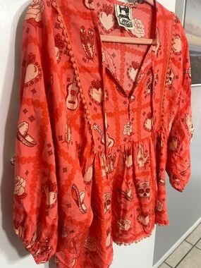 Jaase Red-Orange Printed Peasant Blouse